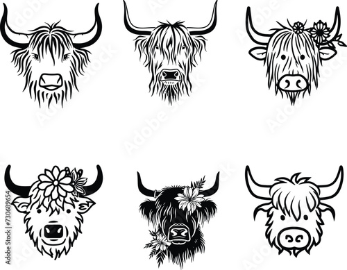 floral highland cow silhouette, flower cow set vector illustration 
