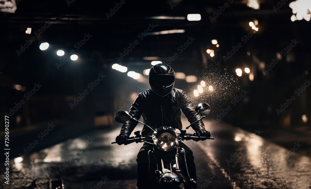 motorcyclist rides a motorcycle on a wet street at night, motorcyclist safety concept