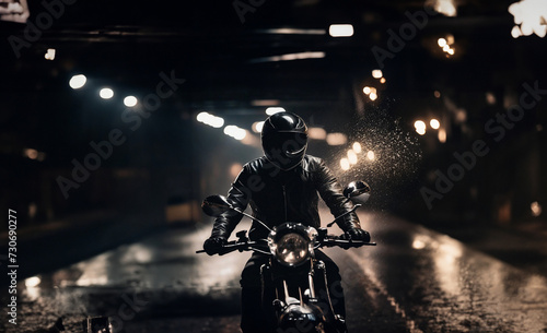 motorcyclist rides a motorcycle on a wet street at night, motorcyclist safety concept © velimir