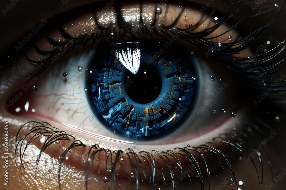 Macro image of a human eye with intricate blue iris reflecting a futuristic cityscape, with water droplets on eyelashes.