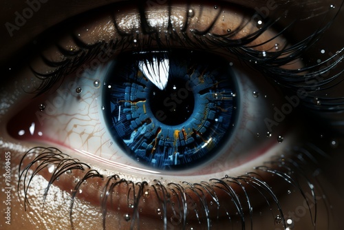 Macro image of a human eye with intricate blue iris reflecting a futuristic cityscape, with water droplets on eyelashes.