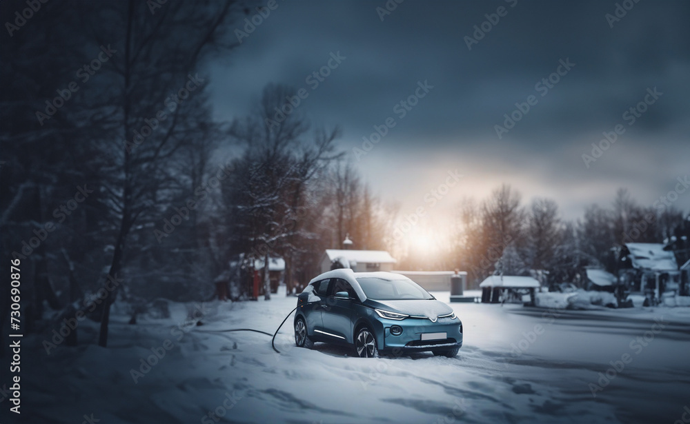 charging an electric car in the snow at a charging station charging an electric car in the snow at a charging station