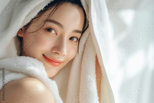 アジア人女性の美容イメージ タオルドライ（スキンケア・ボディケア・エステサロン）「AI生成画像」 photo