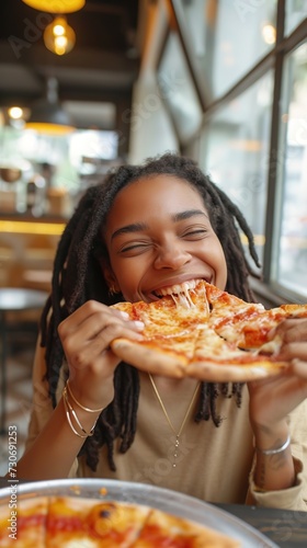 joyful dining experience  happy girl eating pizza in pizzeria  italian food  embodying carefree lifestyle and the pleasure of good food.