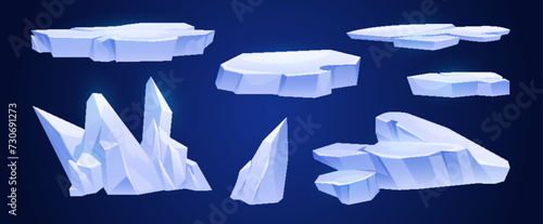 Cartoon iceberg and glacier pieces floating in water. Game ui vector illustration set of fly arctic floe for polar landscape design. Frozen rock cube and block. Broken melting blue ice crystal chunk.