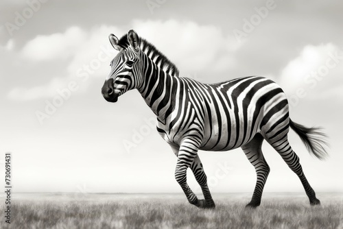 Zebra in a black and white photograph, standing in grassland with a dramatic sky, displaying its distinctive stripes.