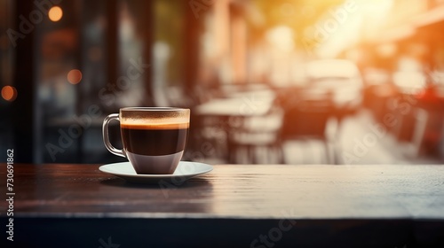 Hot fresh coffee on cafe table blurred light background