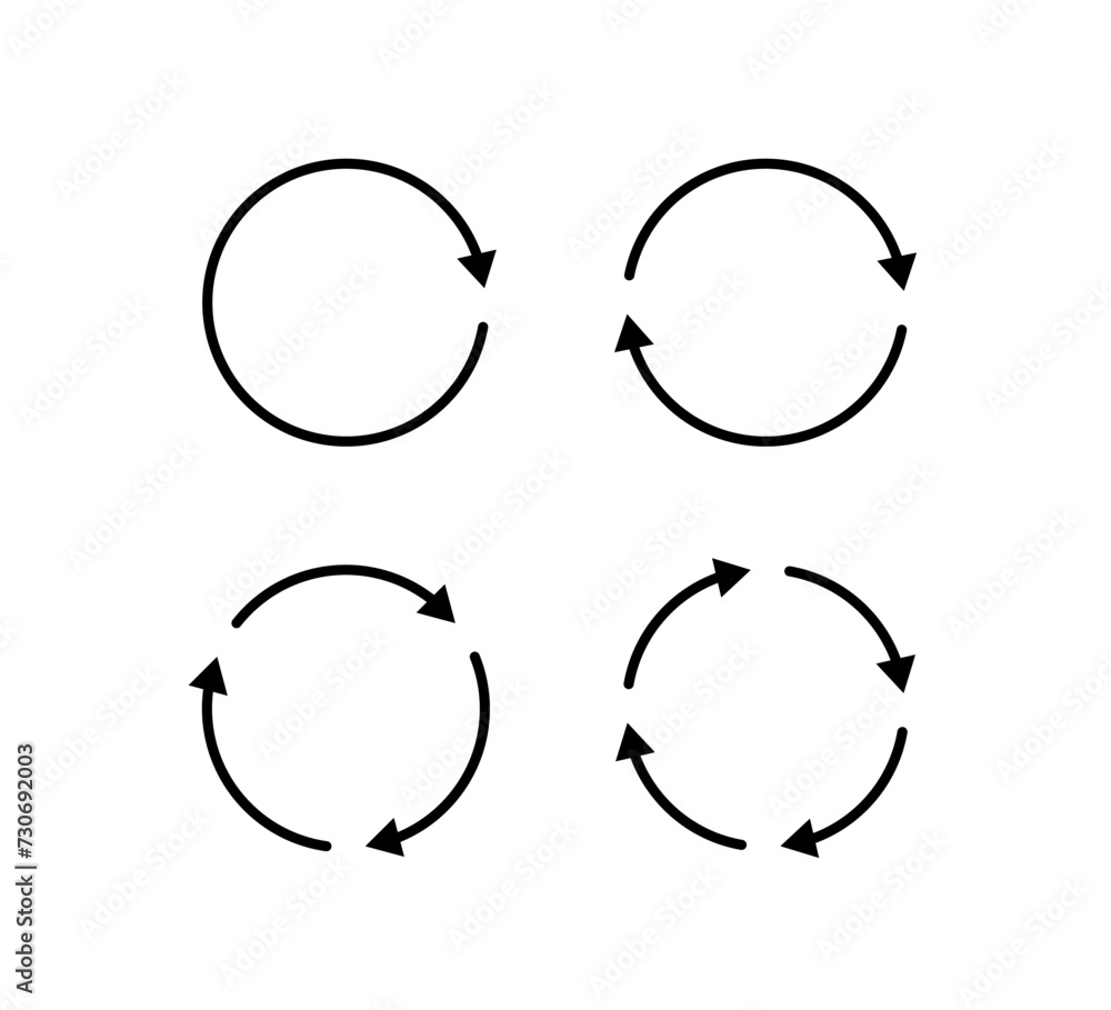 Circle arrow icons set. Round reload, restart, recycle and repeat symbol. One, two, three and four arrow in loop. Round reload sign, repeat icon. Vector illustration isolated on white background. Circle arrow icons set. Round reload, restart, recycle and repeat symbol. One, two, three and four arrow in loop. Round reload sign, repeat icon. Vector illustration isolated on white background.