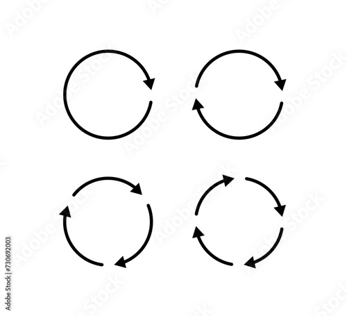 Circle arrow icons set. Round reload, restart, recycle and repeat symbol. One, two, three and four arrow in loop. Round reload sign, repeat icon. Vector illustration isolated on white background.