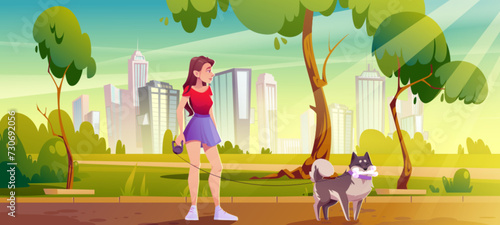 Young woman with dog walking in public city park on summer sunny day. Cartoon vector urban landscape with female pet owner. Girl play with her puppy outdoor. Lady with domestic animal friend in street