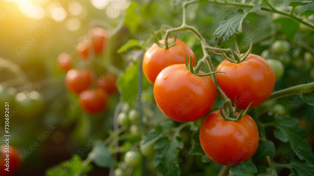 Juicy, ripe red tomatoes hanging on the vine, glistening in the golden sunlight with a natural green backdrop.