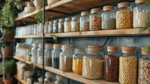 A sustainable and eco-friendly pantry setup with reusable glass jars filled with a variety of bulk dried foods on wooden shelves.