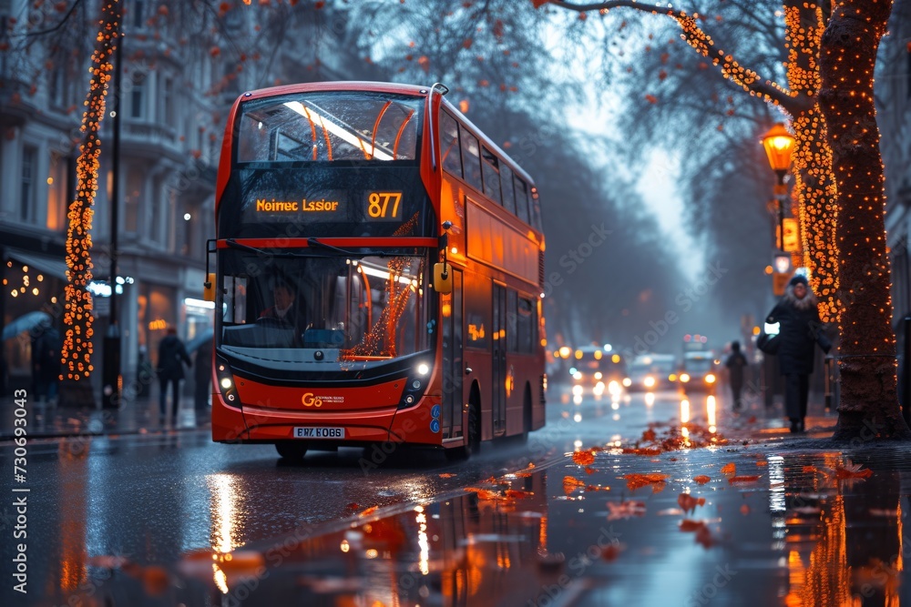 Fall Fashion: A Red Double-Decker Bus in London Generative AI - obrazy, fototapety, plakaty 