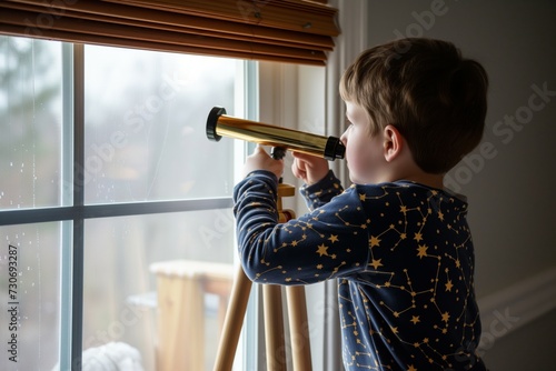 boy using telescope by window in starpatterned pajamas photo