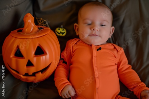 baby in an orange onesie with a pumpkin, ready for halloween photo