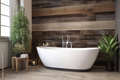 A white sink on a wooden stand  above it hangs a round mirror. Bathroom interior.Stylish bathroom interior with countertop  shower cabin and indoor plants. Design idea  modern