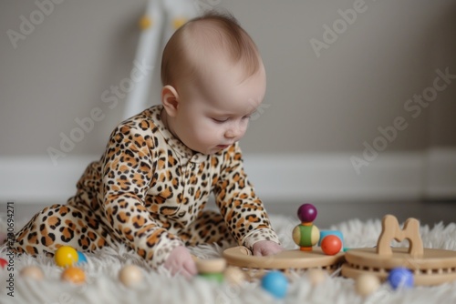 baby in animalprint onesie playing with wooden toys