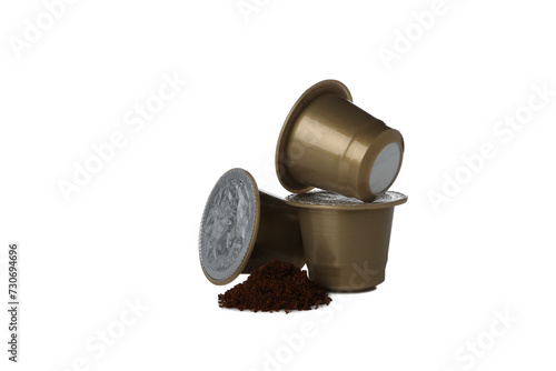 PNG, Coffee capsules and ground coffee, isolated on white background, close up