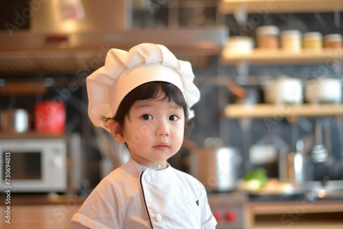 child in a chef hat with a kitchen set background