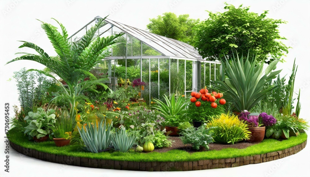 Garden with Diverse Vegetables and Fruits plants, Greenhouse, isolated on white background Garden with Diverse Vegetables and Fruits plants, Greenhouse, isolated on white background