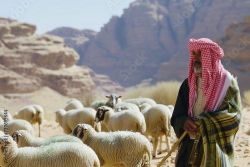 bedouin shepherd with flock of sheep on arid land photo