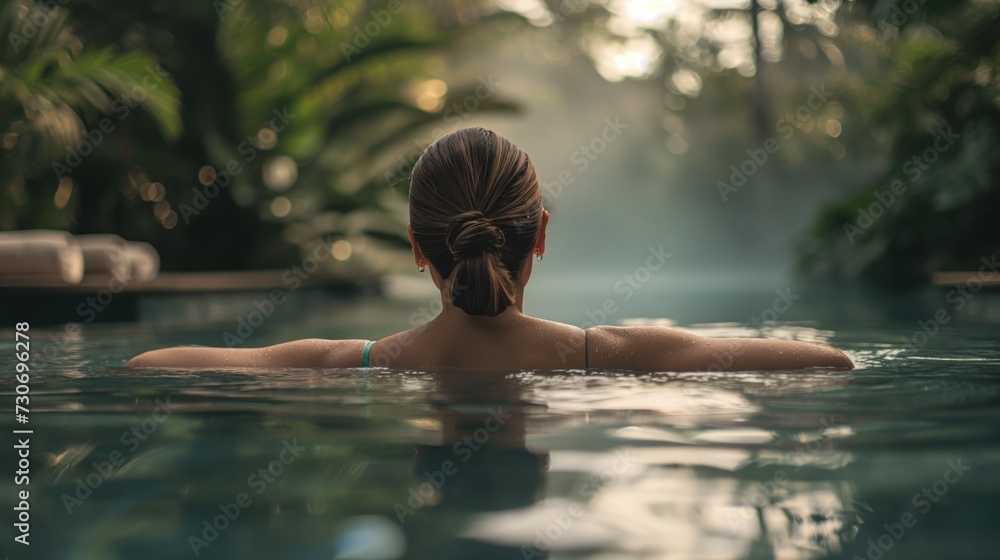 Fototapeta premium Girl relaxing in the pool in the tropics 