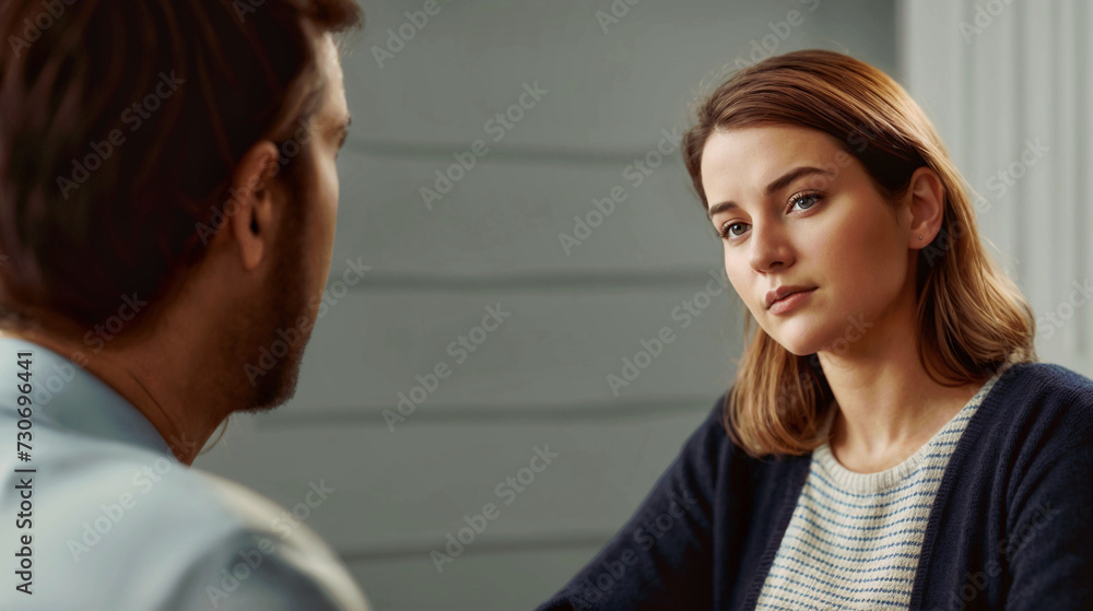 Over the shoulder photo of a psychologist sitting in an armchair and talking to his female client about her problems, Over the shoulder photo of a psychologist sitting in an armchair and talking to his female client about her problems,