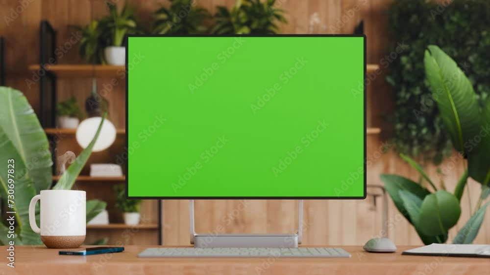 Empty blank green screen display mockup, desktop workstation opening