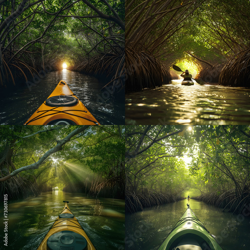 Kayaking through mangrove tunnels shot akayaker exploring the green waterways withsunlight peeking t Generative AI photo