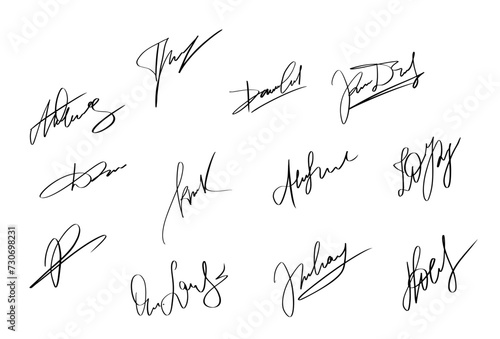 Handwriting Autograph set. Personal fictitious signature calligraphy lettering. Scrawl imaginary name for document. Vector illustration on white background