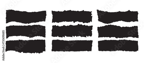 Jagged torn paper set. Black shape ripper and strip. Texture grunge element collection. Vector illustration photo