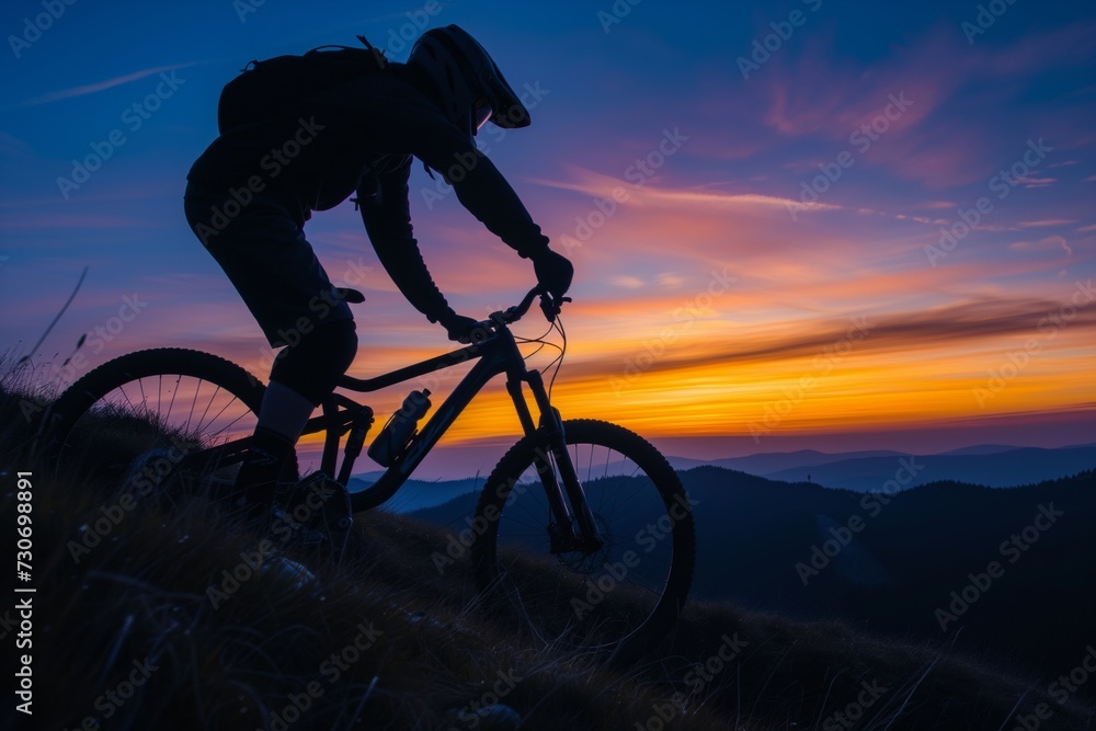 mountain biker silhouetted against sunset while climbing trail