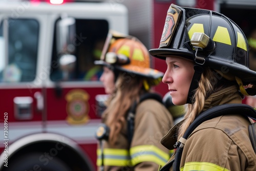 women in firefighter gear in front of a fire truck