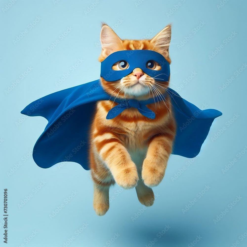 Fototapeta premium superhero cat, Cute orange tabby kitty with a blue cloak and mask jumping and flying on light blue background with copy space.