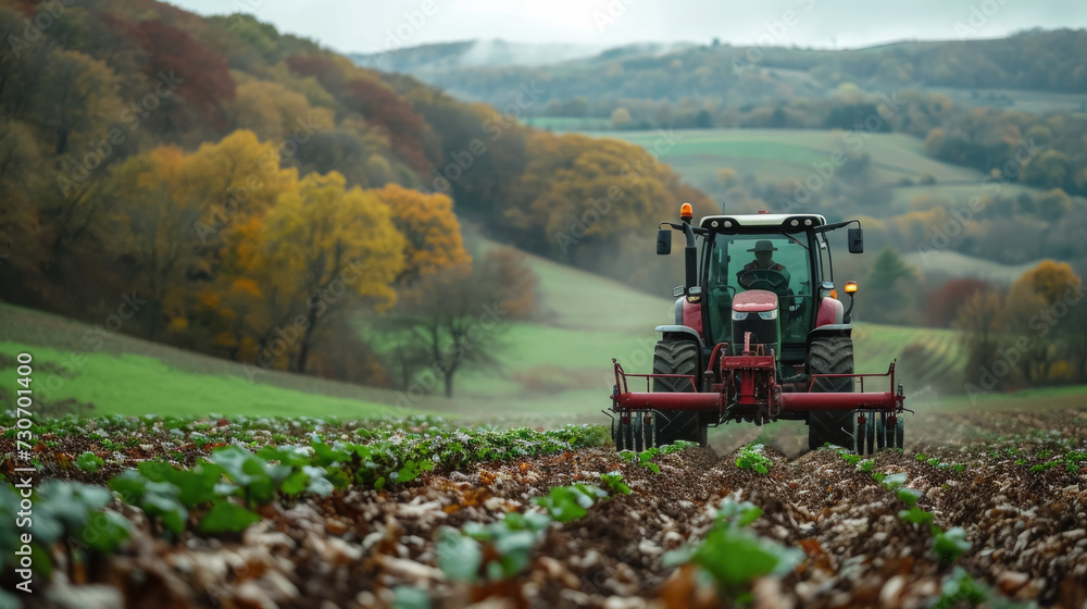 Obraz premium Front view of a modern red tractor actively tilling the rich brown soil in a vast agricultural field, with a backdrop of green hills.
