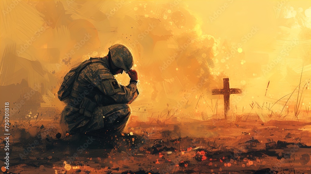 Powerful faith! Christian soldier kneels in prayer, cross looming in the backdrop. Embrace divine strength with this captivating digital painting.