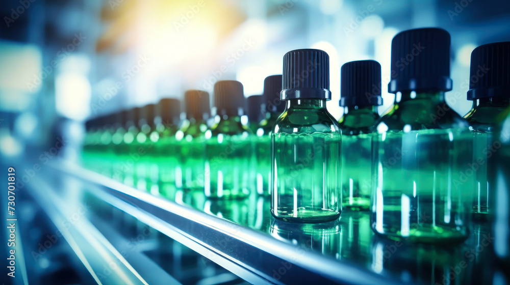 Row of Bottles Filled With Liquid on Conveyor Belt in Pharmaceutical Production. Bottles with medicines on the conveyor. Selective focus. Close-up.