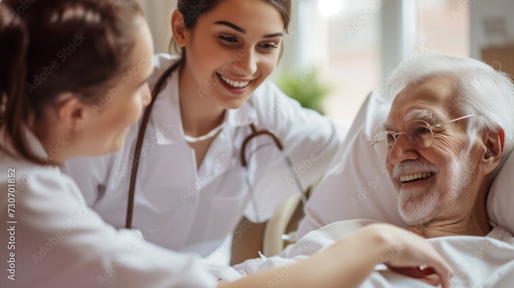 Positive interaction between healthcare worker and senior patient. Friendly medical consultation in a hospital. Positive interaction between healthcare worker and senior patient. Friendly medical consultation in a hospital.