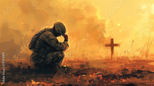 Powerful faith! Christian soldier kneels in prayer, cross looming in the backdrop. Embrace divine strength with this captivating digital painting.