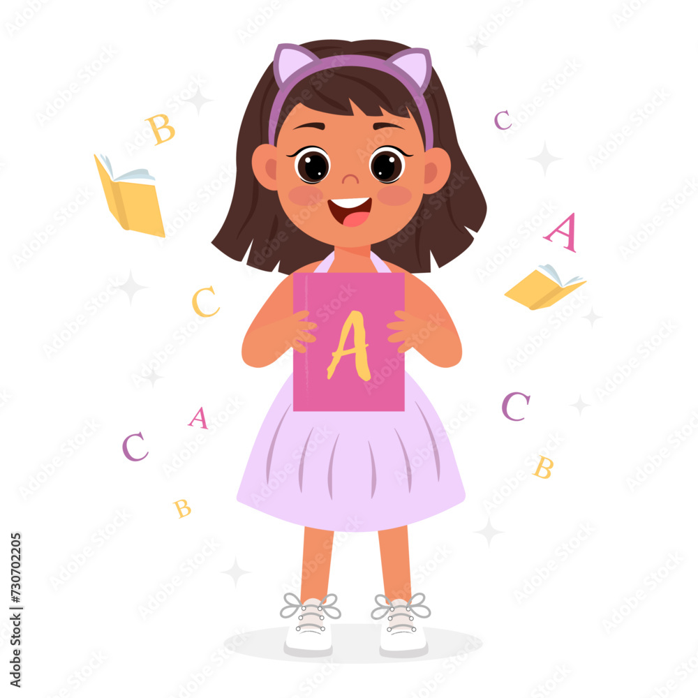 Vector little girl with dark hair holding a book in her hands