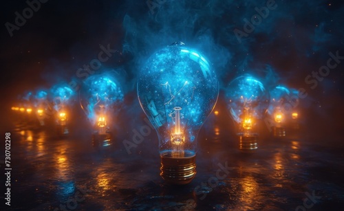 Dim light bulbs are neatly lined up in groups with an elegant blurred background. the concept of ideas, ideas, energy, saving electricity, environmentally friendly. Generative Ai
