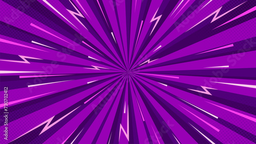 Purple comics style background. Comic style background with lightning and halftone effect. Focus lines background.