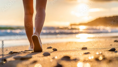 Closeup of woman feet walking on sand beach during a golden hour sunset. Travel and relaxing