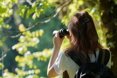 woman with binoculars observing birds in trees