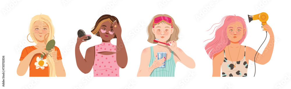 Self Care Treatment with Woman Character Engaged in Beauty Procedure Vector Set Self Care Treatment with Woman Character Engaged in Beauty Procedure Vector Set