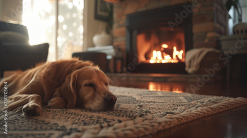 A serene golden retriever lies comfortably on a rug, enjoying the warmth of a glowing fireplace in a homely setting. 