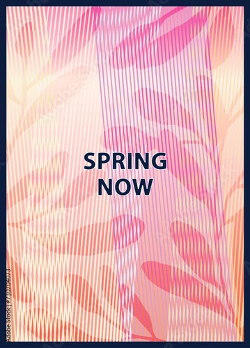 Spring now. Bright futuristic poster for the spring season. Abstract striped composition with overlay and digital distortion effect. Vector banner