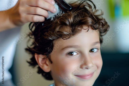 young boy getting his hair styled with gel