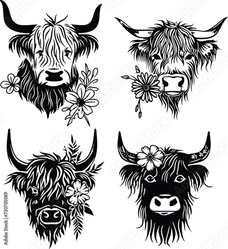 floral highland cow silhouette, flower cow set vector illustration 
