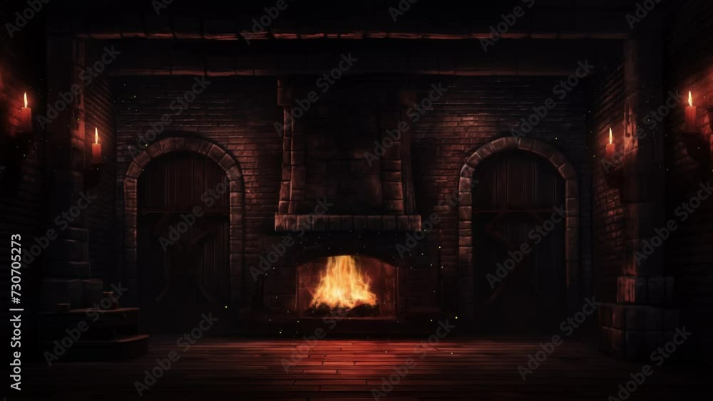 dark room with brick walls. fireplace on dark room with bricks wall ...